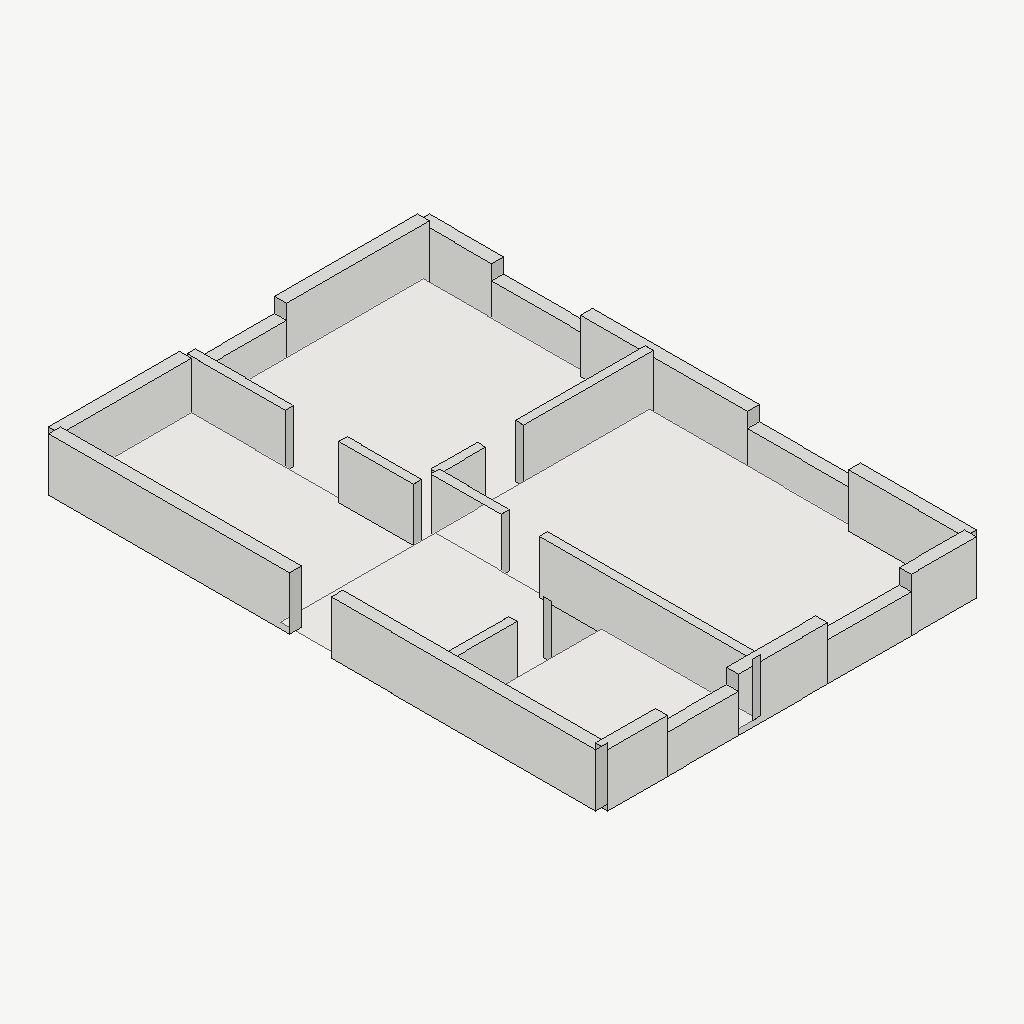 Isometric geometry constructed from a 2D floor plan, with extruded walls and door and window openings cut into them